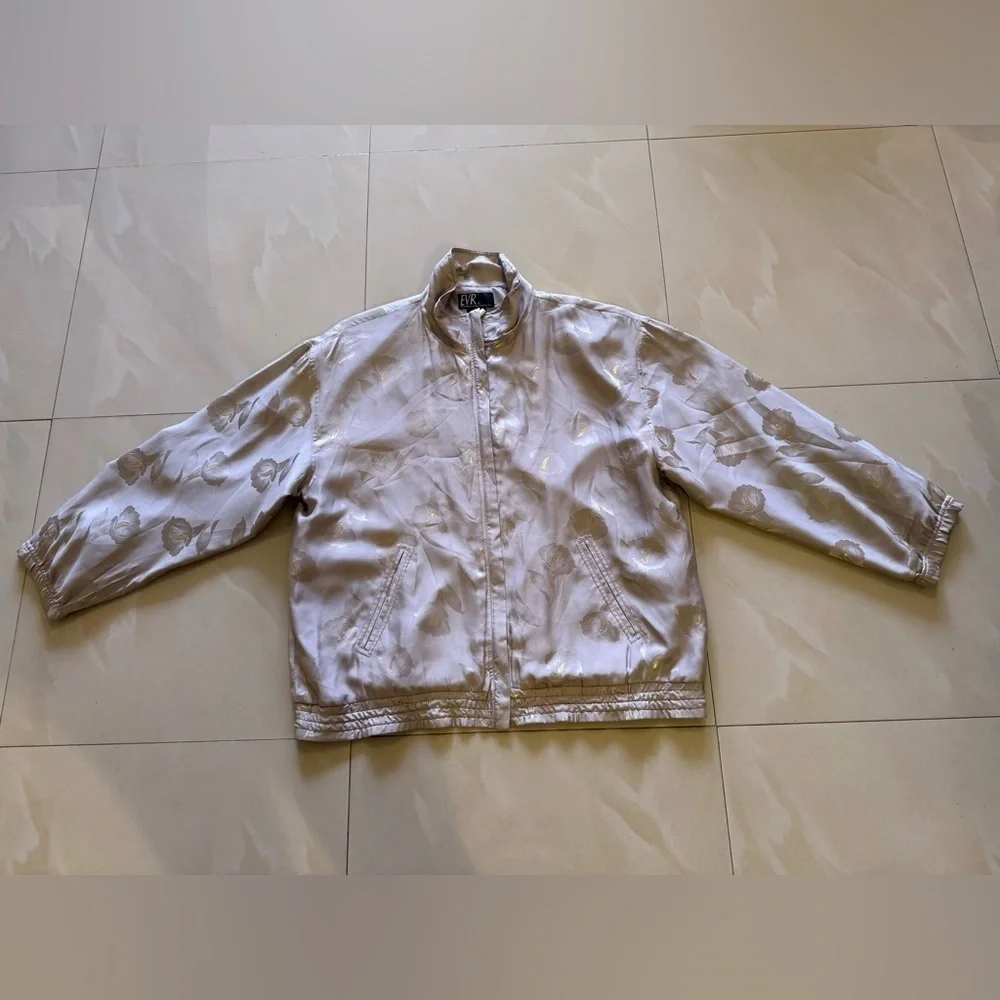 Vintage EVR - flower Print - Brown Jacket - 100% Silk - made in china L